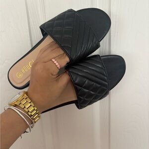 Black Quilted Slide Sandals